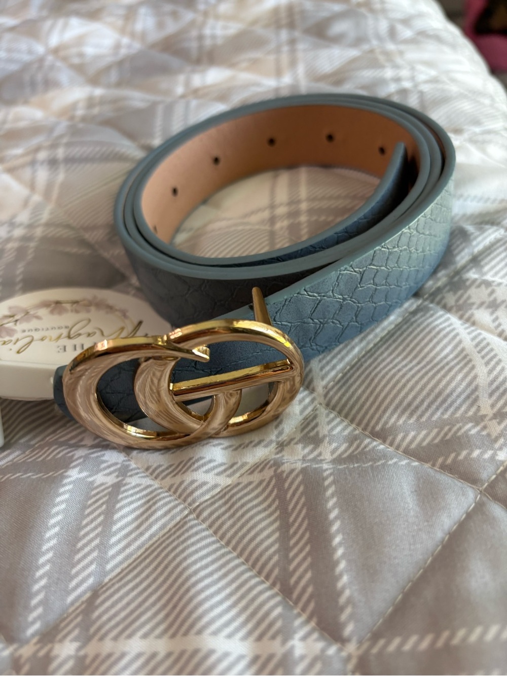 Chain Link Buckle Leather Belt in Dusty Blue 1”
